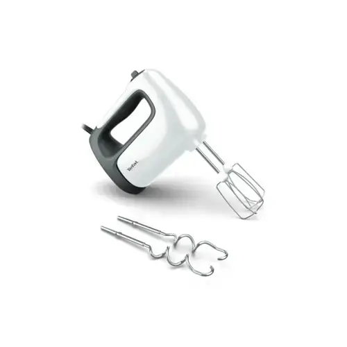 Mixer de mana Tefal Prep' Mix HT460138, 500W, 5 trepte de viteza, Functie Turbo, Teluri si carlige din inox, Buton pentru demontarea accesoriilor, accesorii compatibile cu masina de spalat vase, Alb