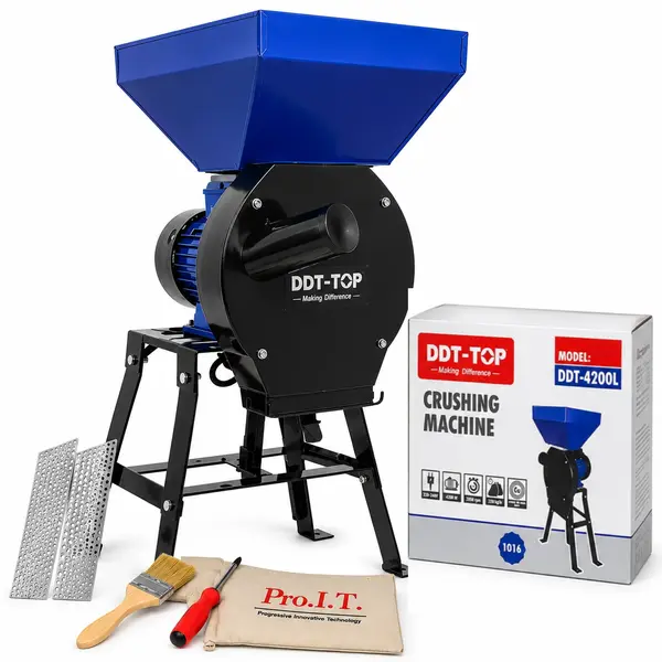 Moara electrica cu suport din metal pentru cereale si stiuleti, DDT-TOP,Cuva Mare, motor 4.2 kw , 3000 rpm, 320 kg h, 4 site de rezerva, 20 ciocanele,bonus sac,surubelnita si perie,Buton on off