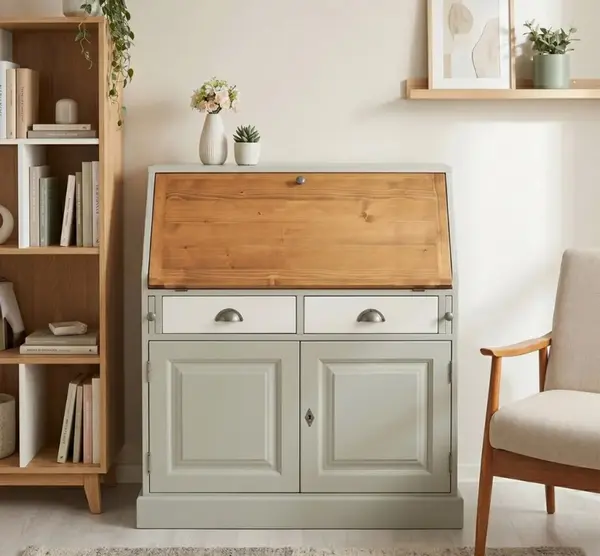 Mobilier birou cu blat masa incorporat, 2 usi si 2 sertare, BAS cu finisaj Elephant Grey/White