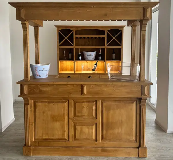 Mobilier cafenea 180 cm lungime - blat pin cu galerie + mobilier de bar cu banda de led - Culoare_P001 - CERUIT cu finisaj Ceruit