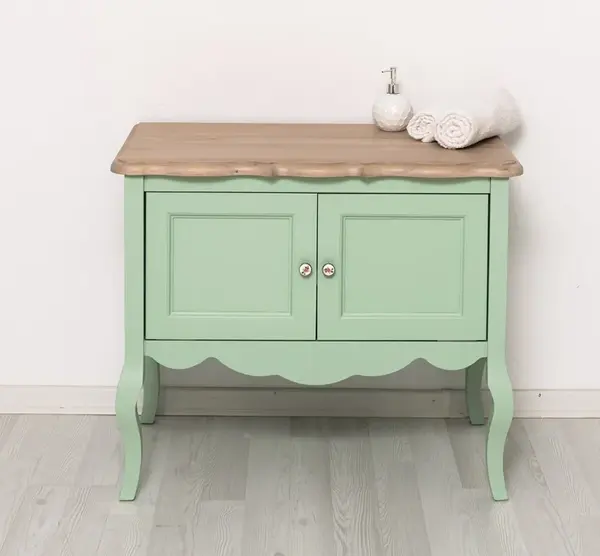Mobilier de baie cu picioare curbate, doua usi cu blat stejar - Culoare Top_P063 - Culoare Corp_P092 - DUBLU COLOR cu finisaj Dublu color