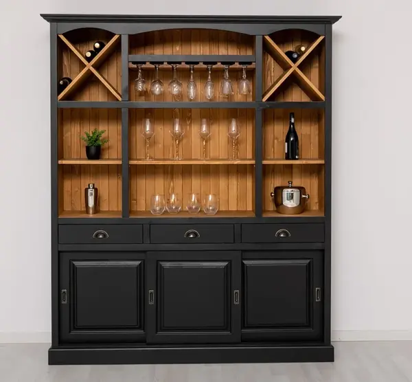 Mobilier de bar cu suport pentru pahare si sticle,180 cm cu finisaj Black/Walnut Waxed