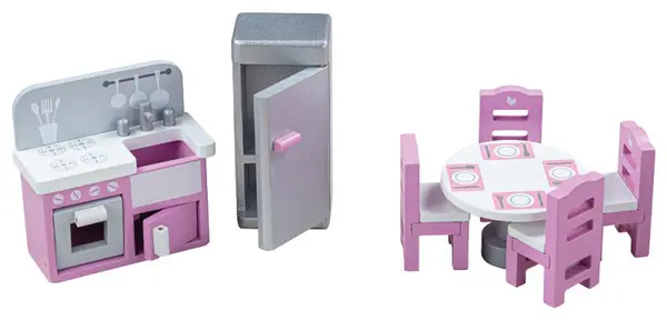 Mobilier din lemn pentru casă de păpuși Bigjigs - Bucătărie, 7 piese