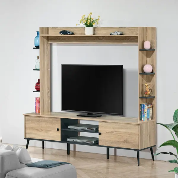 Mobilier TV cu functie de depozitare Zezan, Lemn/metal, Sonoma-Gri închis, 182x40x162 cm