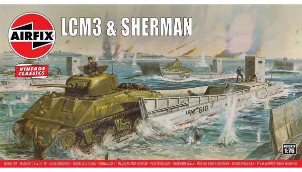 Model asamblabil Airfix Militar: Tancuri - Nava de debarcare mecanizată americană LCM3 și tanc mediu american Sherman M4A2, Vintage
