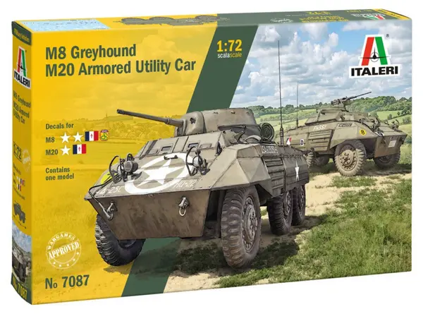 Model asamblabil Italeri Militare: Automobile - mașină blindată americană M8 Greyhound/Automobil blindat multifuncțional M20