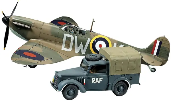 Model de asamblare TAMIYA Militar: Mașini - Supermarine Spitfire Mk.I și Light Utility Car 10HP Tilly