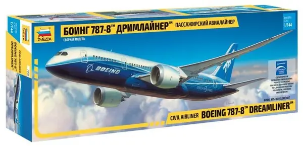 Model de asamblare Zvezda Modern: Avioane - avion american de linie cu reacție cu fuselaj lat Boeing 787 Dreamliner