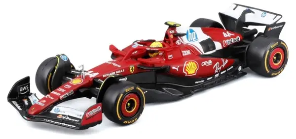 Model de colecție BBURAGO Mașini de curse - Ferrari SF-25 Scuderia Ferrari HP #44 L.Hamilton Formula 1 2025 - cu pilot și vitrină