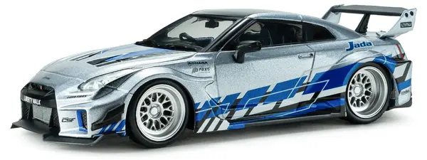 Model de colecție SOLIDO Modern: Automobile - Nissan GT-R (R35) Liberty Walk Silhouette, Silver and Blue Stripes, 2020
