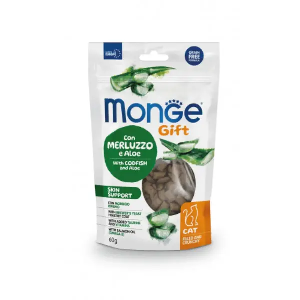 MONGE Gift Skin Support Filled & Crunchy, Cod și Aloe Vera, punguță recompense funcționale fără cereale pisici, piele & blană, 60g