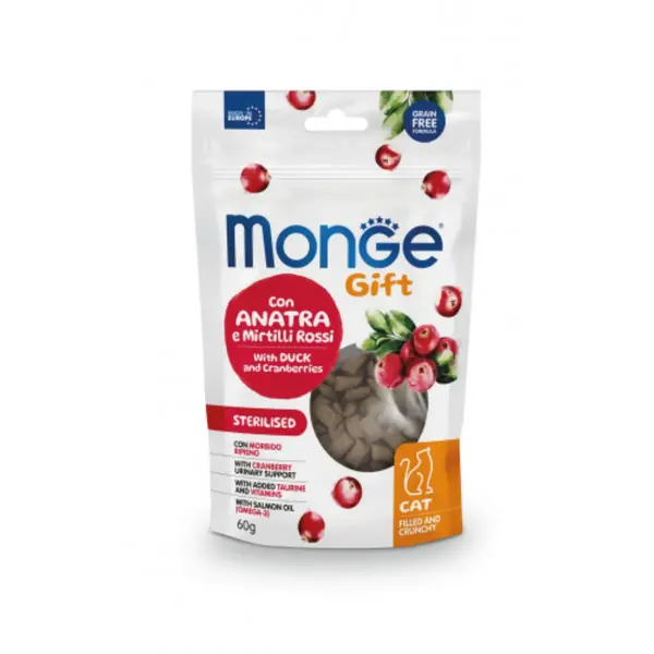 MONGE Gift Sterilised Filled & Crunchy, Rață și Merișoare, punguță recompense funcționale fără cereale pisici sterilizate, 60g