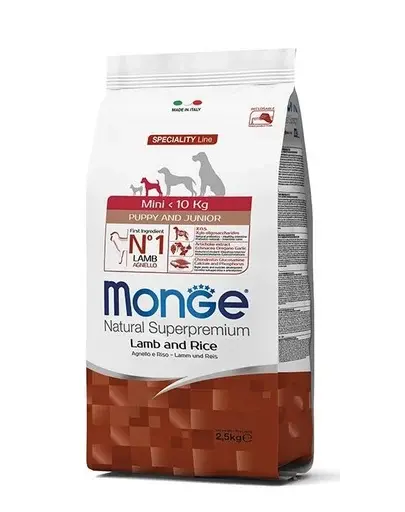 MONGE Mini Puppy&Junior hrană uscată pentru cățeluși de talie mică, cu miel și orez 2,5 kg
