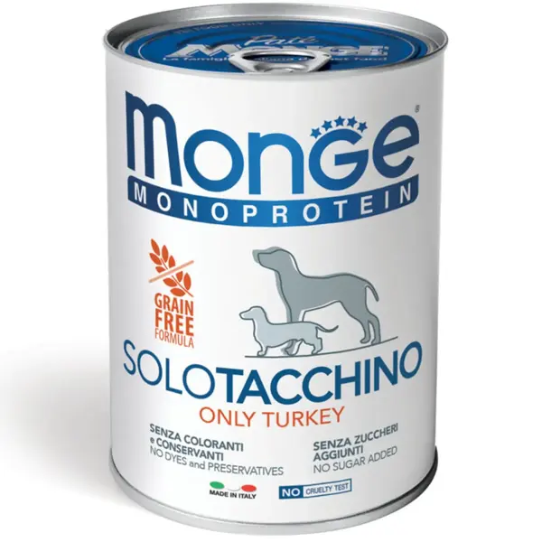 MONGE Monoprotein, XS-XL, Curcan, conservă hrană umedă monoproteică fără cereale câini, (pate), 400g