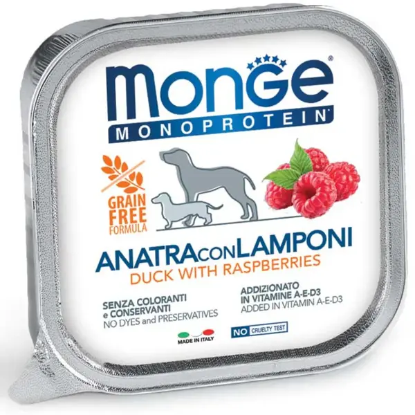 MONGE Monoprotein, XS-XL, Rață și Zmeură, tăviță hrană umedă monoproteică fără cereale câini, (pate), 150g
