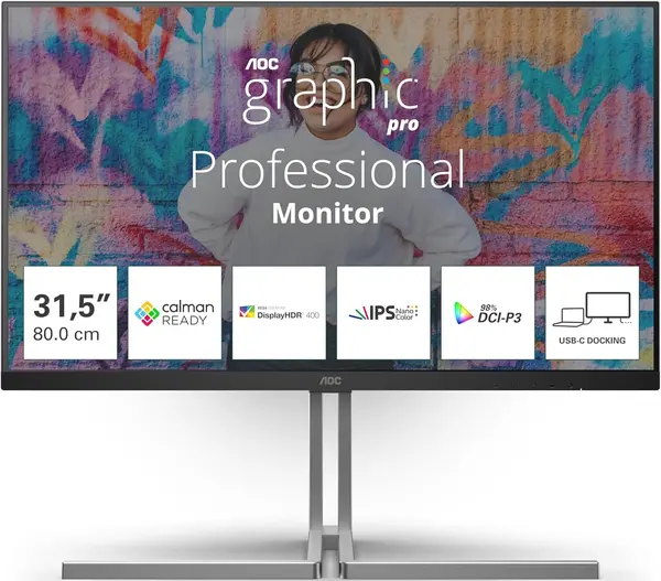 Monitor AOC - U32U3CV, 31.5'', UHD 4K, Nano IPS, Anti-Glare, USB Hub, negru