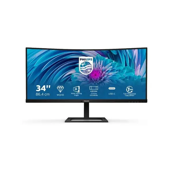 Monitor Curbat LED VA Philips 346E2CUAE/00 34'', UWQHD (3440x1440), 100Hz, 1ms MPRT (4ms GtG), AMD FreeSync™ Premium, 1500R, FlickerFreem Pivot, Negru