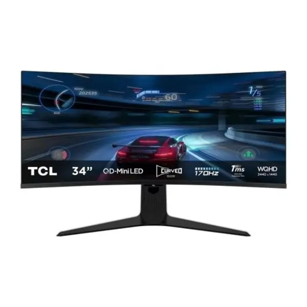 Monitor curbat Mini LED Fast HVA TCL 34R83Q, 34", WQHD, 170Hz, FreeSync Premium, HDR, boxe, alb-negru