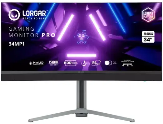 Monitor de gaming Lorgar - 34MP1, 34'', 180Hz, 1ms, VA, Curved