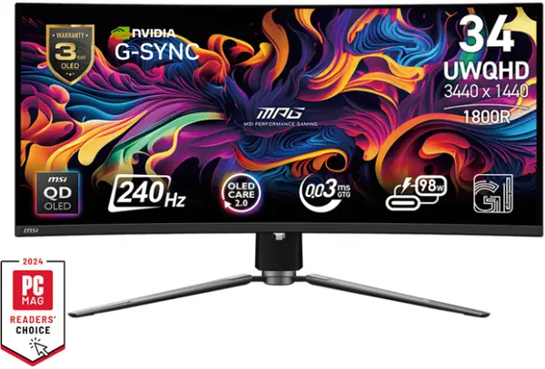 Monitor de gaming MSI - MPG 341CQPX QD-OLED, 34.18'', 240Hz, 0.03ms, UWQHD, Curved