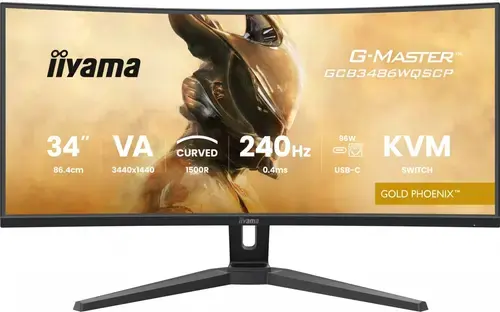 Monitor Gamin VA LED Iiyama 34inch GCB3486WQSCP-B1, WQHD (3440 x 1440), HDMI, DisplayPort, Ecran curbat, Boxe, 240 Hz, 0.4 ms (Negru)
