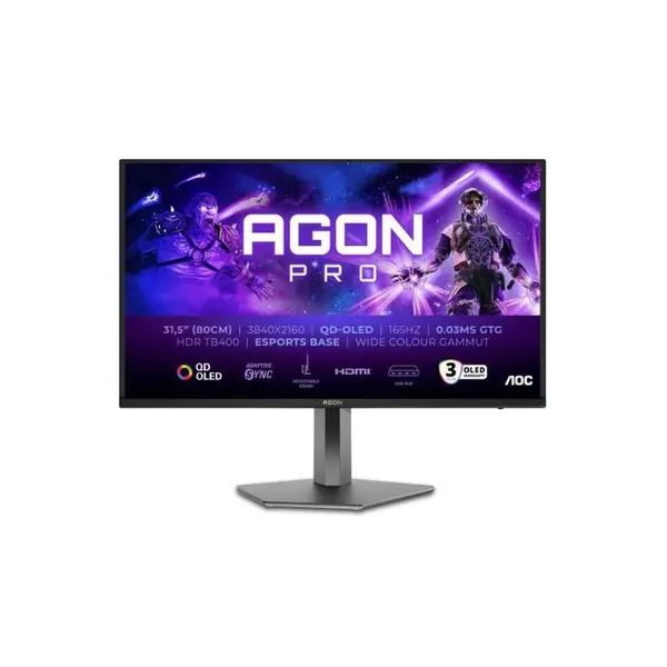 Monitor Gaming AGON Pro by AOC AG326UD, 31.5", 4K (3840x2160), QD-OLED, 165Hz, 0.03ms GtG, Adaptive Sync, NVIDIA G-SYNC Compatible, HDR True Black 400, Low Blue Light, Flicker Free, difuzoare 8Wx2, 2x HDMI 2.1, 2x DP 1.4, USB 3.2 Gen1 Hub, Pivot, Negru