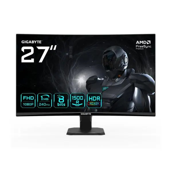 Monitor Gaming Curbat LED VA Gigabyte GS27FC2 EU, 27", Full HD (1920x1080), 240 Hz, 1 ms GtG, Adaptive-Sync, curbura 1500R, conectivitate 2 x HDMI, 1 x DP, 100 x 100 mm VESA, negru