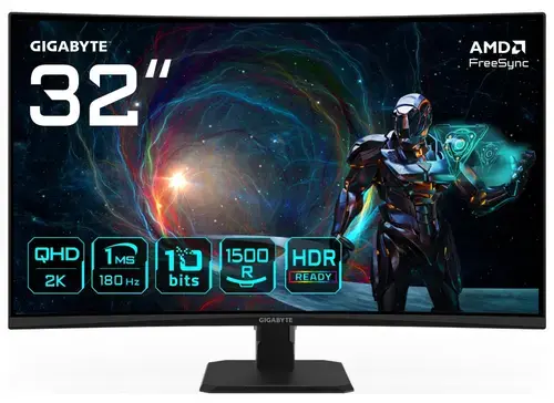 Monitor Gaming VA LED Gigabyte 31.5inch GS32QCA, QHD (2560 x 1440), HDMI, DisplayPort, Ecran curbat, 180 Hz, 1 ms (Negru)