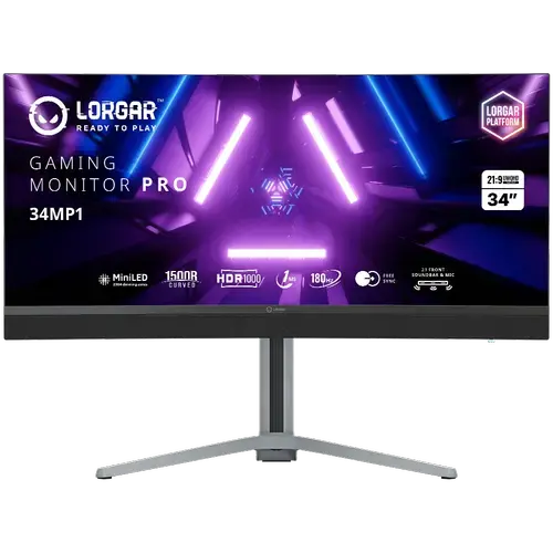Monitor Gaming VA MiniLED Lorgar 34inch 34MP1, WQHD (3440x1440), HDMI, DisplayPort, AMD FreeSync/G-Sync, Ecran curbat, Boxe, 180 Hz, 1 ms (Negru/Gri)