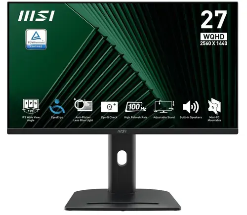 Monitor IPS LED MSI 27inch PRO MP275QPG, WQHD (2560 x 1440), HDMI, DisplayPort, Boxe, Pivot, 100 Hz, 1 ms (Negru)