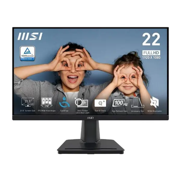 Monitor MSI 21.5" PRO MP225, Diagonal (inch): 21.5, Diagonal (cm): 54.5, Aspect ratio: 16:9, Panel: IPS, Resolution: 1920x1080, Refresh Rate: 100Hz, Response time GtG: 4ms, Response time MPRT: 1ms, Brightness (max): 250 cd/㎡