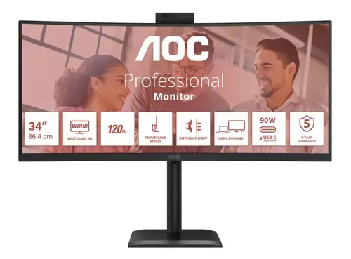 Monitor VA LED AOC 34inch CU34E4CW, UWQHD (3440x1440), HDMI, DisplayPort, Ecran curbat, Boxe, 120 Hz, 4 ms (Negru)