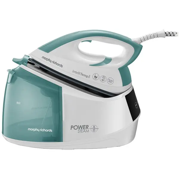 Morphy Richards Statie de calcat Morphy Richards Power steam Intellitemp 333300, 2600W, 5 bar, 1.5l functie Intellitemp, Talpa Ceramica, 110g/min, 190g debit de abur continuu, Alb/Verde