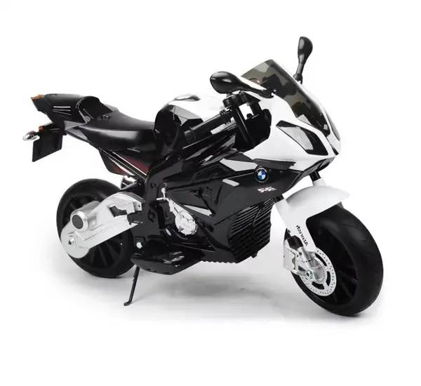 Motocicleta electrica pentru copii 12V 90W BMW 528 RR cu pornire la cheie, roti eva si scaun de piele, doua motoare puternice si cric pliabil