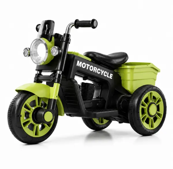 Motocicleta electrica retro 12V cu 3 roti, scaun din piele ecologica si compartiment de depozitare - Verde