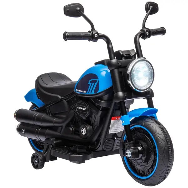 Motocileta Electrica de 6V, Roti de Antrenament, Baterii, un Singur Buton de Pornire, Pedala, Far, 18-36 luni, Albastru HOMCOM | Aosom Romania