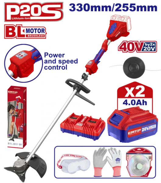 Motocoasa electrica Trimmer cu fir cu 2 acumulatori 4.0Ah, motor fara perii (brushless), 330mm 255mm, accesorii incluse - ELMR200285, EMTOP