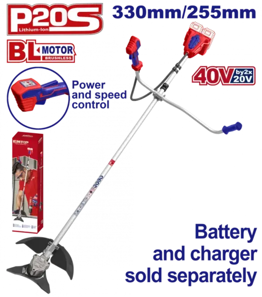 Motocoasa Trimmer fara acumulator si incarcator, motor fara perii (brushless), 330 255mm - ELMR20018, EMTOP