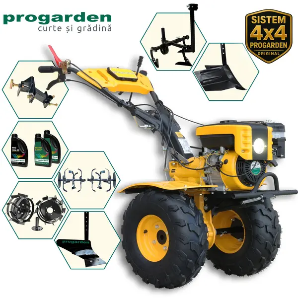 Motocultor benzina, Campo 873 Alpine, 7CP, 2+1 trepte, 2+1 freze, benzina, roti ATV, 2 prize putere + Prasitoare PRS20-45 + Plug simplu + Plug bilonat/rarita + Adaptor + 2 Roti metalice 350x6 + 3L Ulei, PROGARDEN