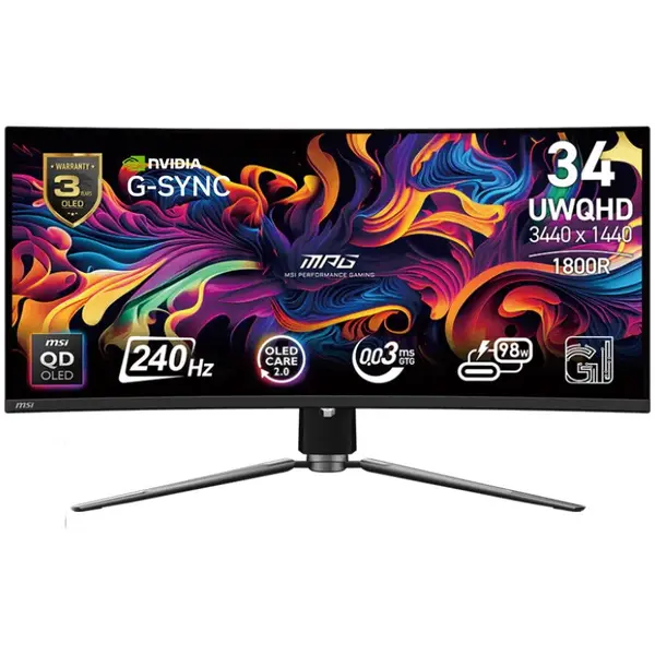 MSI Monitor Gaming Curbat MSI MPG 341CQPX QD-OLED, 34, UWQHD (3440x1440), curbura 1800R, 240Hz, 0.03ms (GTG), G-Sync Compatible, AMD FreeSync™ Premium Pro, HDR True Black 400, DP 1.4a, 2x HDMI™ 2.1, USB 2.0 Type-C (DP) 98W PD, USB, VESA 100x100mm, Negru
