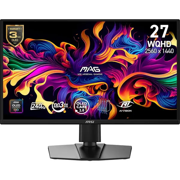 MSI Monitor Gaming MSI MAG 272QP QD-OLED X24, 26.5, WQHD (2560x1440), 240Hz, 0.03ms (GtG), NVIDIA G-SYNC Compatible, AMD FreeSync Premium, HDR Ready, AI Crosshair, AI Vision, OLED Care 2.0, HDMI 2.1, DisplayPort 1.4a, USB-C 15W PD, Pivot, Negru