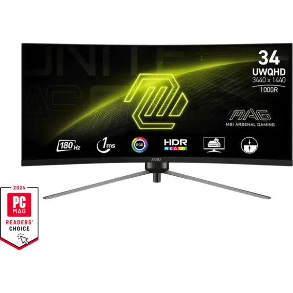 MSI Monitor Gaming, VA LED, MSI MAG 345CQR, 34, UWQHD 3440x1440, HDMI, DisplayPort, Ecran curbat, 180 Hz, 1 ms Negru