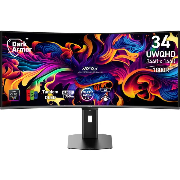MSI Monitor MSI Gaming MPG 341CQR X36, Curbat, 34 inch, UWQHD, QD-OLED, 0.03 ms, 360Hz, USB-C, HDR, FreeSync Premium Pro, Negru