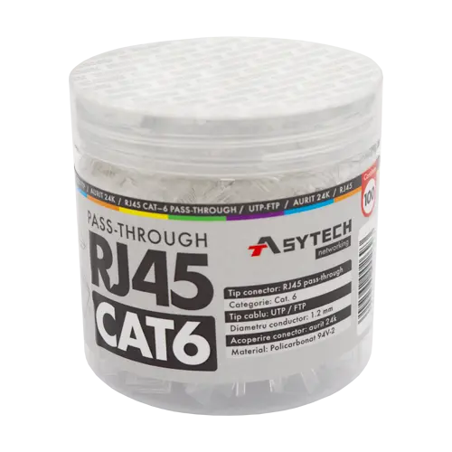 Mufă RJ45 Cat.6 UTP Pass-Through, 8 pini cupru nichelat și aurit, borcan 100 buc. (ASYTECH RJ45-CAT6-EZ-JAR)