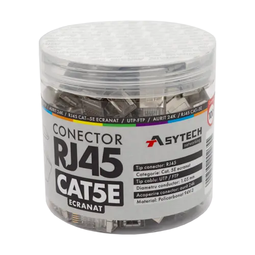 Mufă RJ45 FTP Cat.5e ecranată, 8 pini cupru nichel-aurit, borcan 100 buc. - ASYTECH Networking RJ45M-CAT5E-JAR