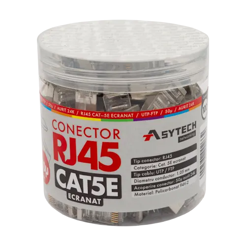 Mufă RJ45 FTP Cat.5e ecranată, pini auriti 50µ, borcan 100 buc. - ASYTECH Networking RJ45M-CAT5E-50U-JAR
