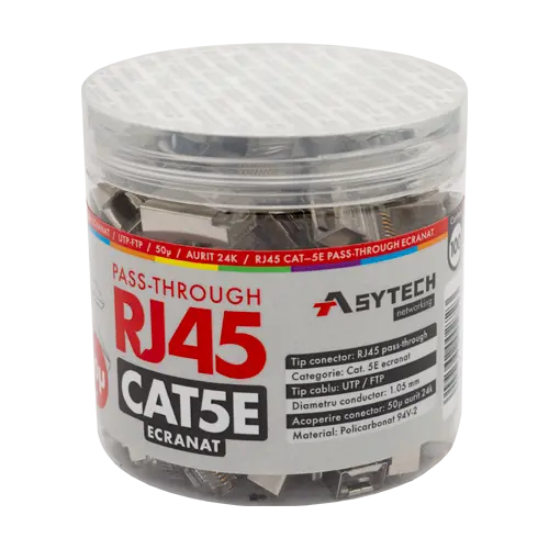 Mufă RJ45 FTP Cat.5e EZ Pass-Through, ecranată, aurită 50µ, borcan 100 buc. - ASYTECH RJ45M-CAT5-EZ-50U-JAR
