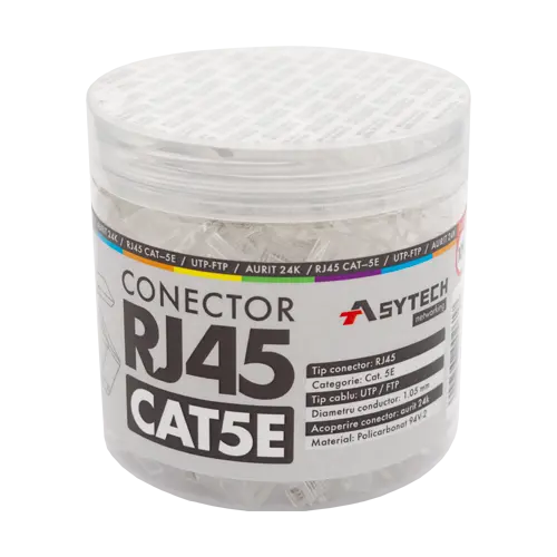 Mufă RJ45 UTP Cat.5e, 8 pini cupru nichelați și aurați, borcan 100 buc. - ASYTECH Networking RJ45-CAT5E-JAR