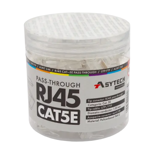 Mufă RJ45 UTP Cat.5e Pass-Through, 8 pini cupru nichelat și aurit, borcan 100 buc. - ASYTECH RJ45-CAT5-EZ-JAR