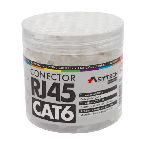 Mufă RJ45 UTP Cat.6, 8 pini cupru nichelat și aurit, borcan 100 buc. - ASYTECH Networking RJ45-CAT6-JAR